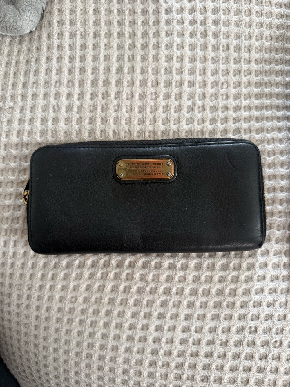 Marc by Marc Jacobs Black Leather Zip Wallet with Gold Plaque
